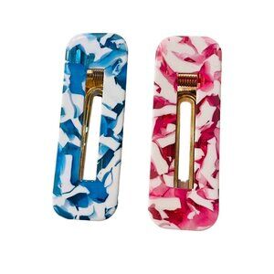 Vintage 1980s Set of 2 Hair Clips Blue Pink Barettes 2.5" Hinged